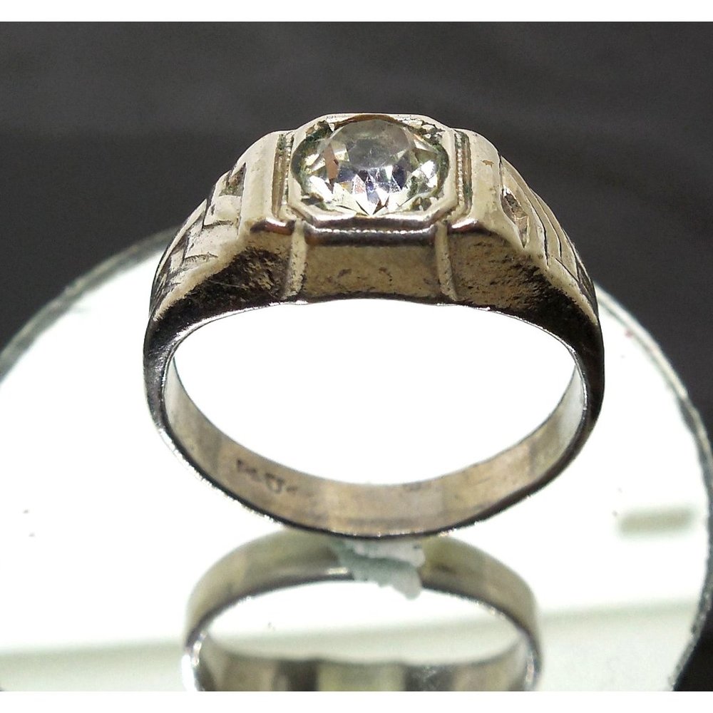 Art Deco Era Ring With Clear Glass Stone Signed Uncas Size 10.5